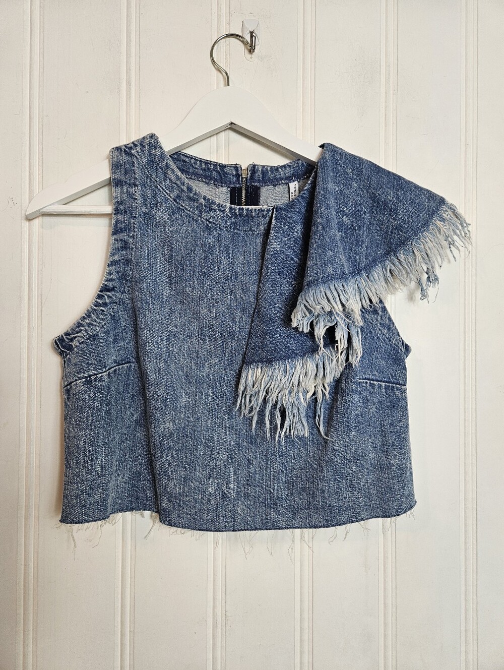 Zara Trafaluc Denim Crop Top M Y2K Boho Coquette Ruffle Zip Back Grunge - Picture 2 of 10